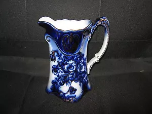 VINTAGE FLOW BLUE PITCHER-PANSY-BROWN & STEVENTON CIRCA LATE 1800'S-EXCELLENT - Picture 1 of 5