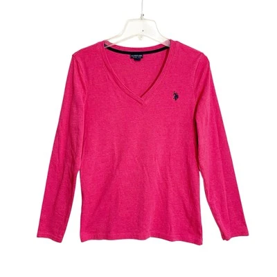 U.S. Polo Assn. Knit Top Women’s Sz Large Pink Long Sleeve V-Neck Embroider Logo - Image 1 of 4