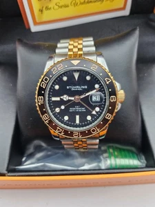 Stührling Aquadiver schwarze Herrenuhr 3968 GMT Quarz neue Batterie in Box mit Glied - Bild 1 von 6