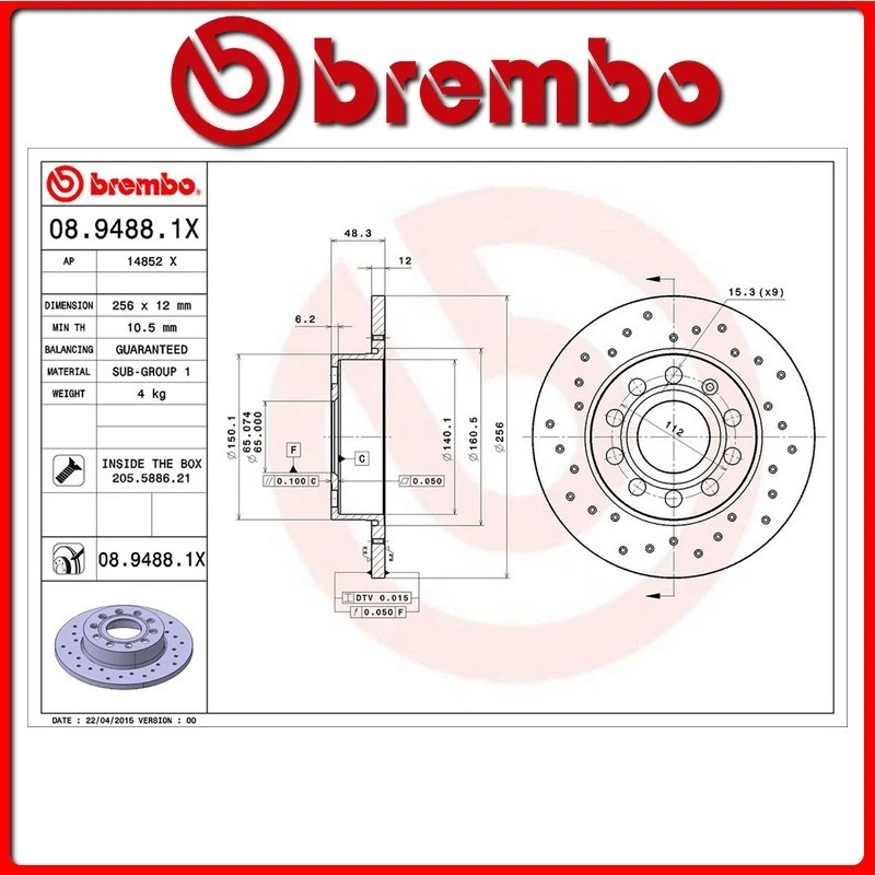 08.9488.1X#99 DISCO FRENO POSTERIORE SPORTIVO BREMBO XTRA SKODA SUPERB II Estate - Immagine 1 di 1