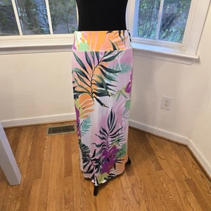 Coco Bianco Maxi Skirt Large Pink Tropical Elastic Waist Stretch Side Slit Hem - Picture 1 of 7