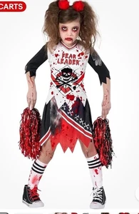Mädchen Zombie Cheerleader Kostüm + Pom Poms Kinder Grusel Fearleader Halloween XL - Bild 1 von 5