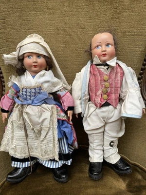 2 Poupées Anciennes Têtes Carton Bouillie Corps Chiffon  - Photo 1/4