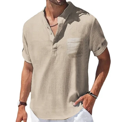 New Men's Casual Henley Collar Shirts Summer Solid Color Short Sleeve Cotton Lin - Image 1 of 4