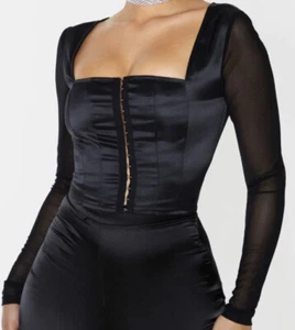 PrettyLittleThing Women's Black Satin Hook and Eye Sheer Sleeve Crop Top Size 10 - Picture 1 of 4