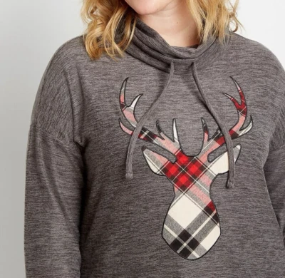 Maurices Sweatshirt Womens Plus 2X Gray Reindeer Plaid L/S Pullover Cowl Neck - Image 1 of 4