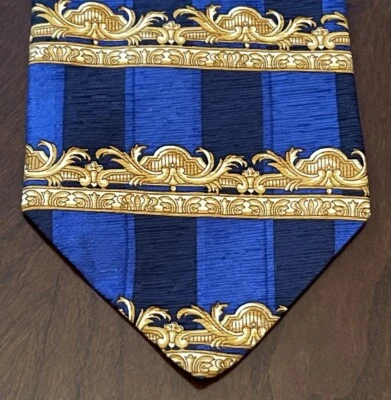 Gravata masculina vintage Fratelli ouro azul feita à mão 100% seda feita na Itália - Imagem 1 de 4