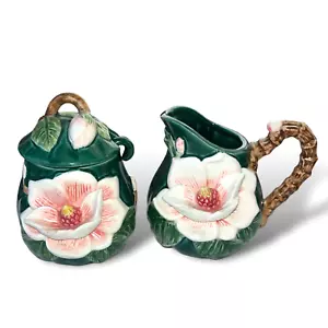 Vintage 1995 Fitz & Floyd Creamer & Sugar Magnolia W/ Spoon Green Floral Tea - Picture 1 of 12