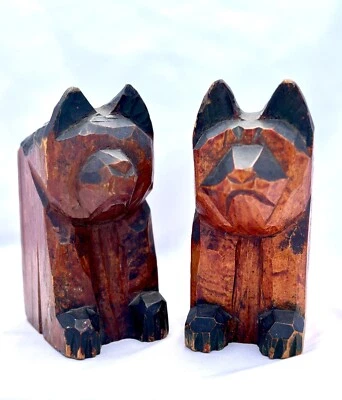 VTG Japanese Ainu Ken Hokkaido Dog Carvings Pair 6” - Image 1 of 4