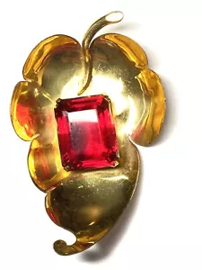 Vintage große signierte Chorgold Sterling Blatt atemberaubend rot Strass Brosche Pin - Bild 1 von 4