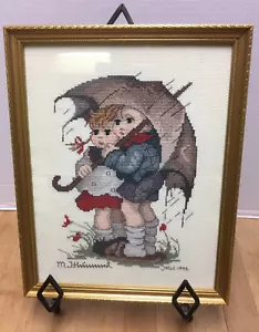 M.J. Hummel Counted Cross Stitch Boy & Girl Sharing Umbrella ~Framed~ SUPER NICE - Picture 1 of 3