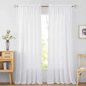 White Linen Sheer Curtain W52 X L84 2 Panels Light Filtering for Living Room - Picture 1 of 12