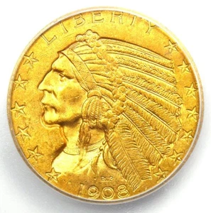1908 Indian Gold Half Eagle $5 Coin - Certified ICG MS63 (UNC BU). $1,950 Value - Picture 1 of 5