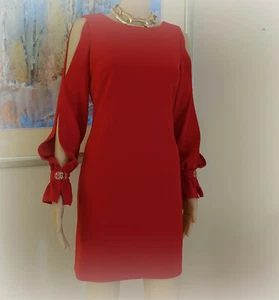 Neu mit Etikett Calvin Klein Cold Shoulder rotes kurzes Cocktailkleid lange Ärmel Gr. US4  - Bild 1 von 11