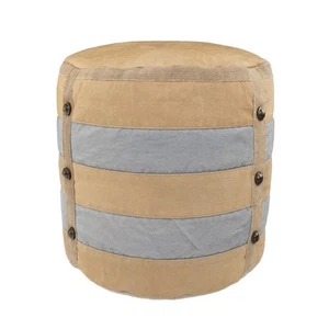 16" Tan Cotton Cylinder Striped Pouf Ottoman - Picture 1 of 10