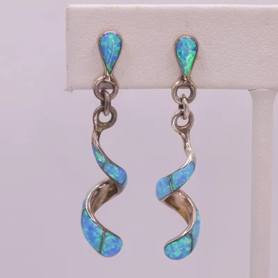 Sterling Silver 925 Blue Fire Lab Opal Spiral Southwest Style Pierced Earrings  - Image 1 of 4