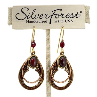 Silver Forest Handcrafted Dangle Earrings Garnet Stone Layered Teardrop - Image 1 of 2