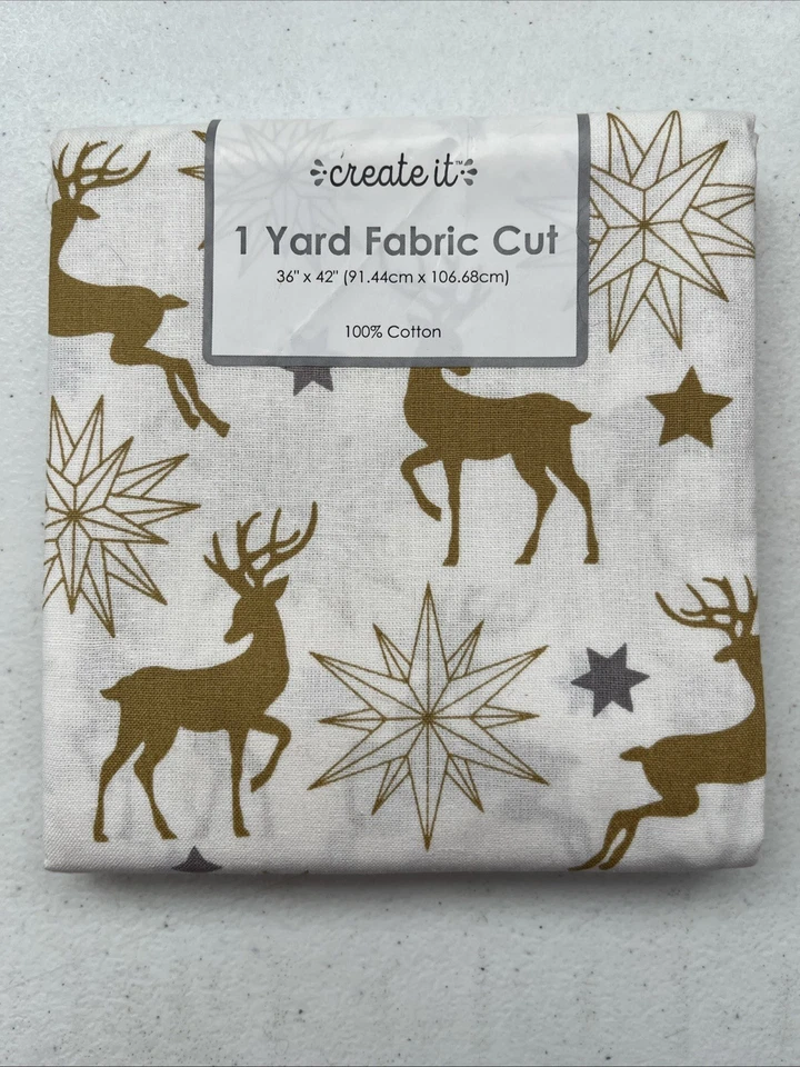 2 Christmas Fabric Gold Deer Silver Stars Pinstripe Holiday EA Precut 1 Y X 42"