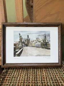 Original Kunstwerk bemalt Aquarell PRAG CHARLES BRIDGE 15x11" Winter signiert - Bild 1 von 7