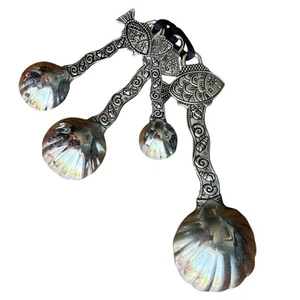 Set of 4 Measuring Spoons Silver Decorative Scallop Seashell Fish Shells Ocean - Picture 1 of 13