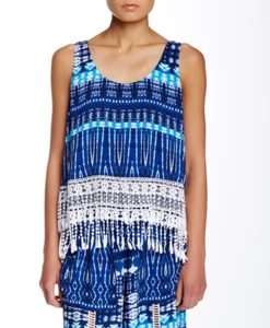 NUEVA Camiseta sin mangas Boho con flecos de encaje en capas de GREEN DRAGON NUEVA CON ETIQUETAS Para mujer Azul Blanco - Imagen 1 de 2