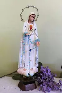 Statua Maria Nostra Signora Fatima Cuore 15 pollici finti gioielli aureola resina interno esterno - Foto 1 di 5