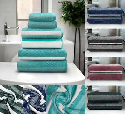 T-TZ 2 x Waffle Stripes Bath Towel Set 500 GSM Cotton Absorbent Hand Towel Bath Sheet