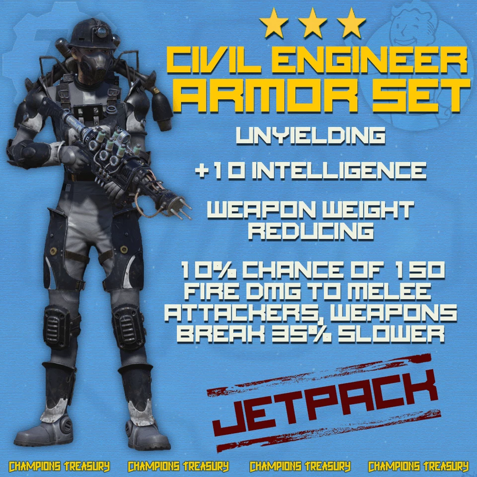 FALLOUT 76 [PC] CIVIL ENGINEER ARMOR SET UNYIELDING +10 INT WEAPON WEIGHT REDUCI - Image 1 of 4