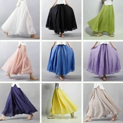 Damen Baumwolle Leinen Plissiert Maxi Lang Strand Boho Rock Vintage Freizeit M L - Bild 1 von 4