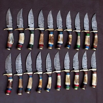 LOT OF 20PCS, 6'' INCH SKINNER KNIFE STAG HORN HANDLE HANDMADE DAMASCUS W/SHEATH - Image 1 of 4