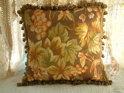 18" Antique Decorative Grapes & Leaves Embroidery Throw Pillow Cover - Image 1 of 4