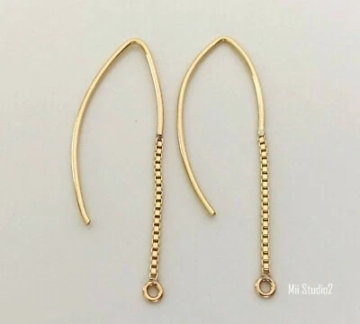 2pcs 14K Yellow Gold Filled V Shape Earwire w/ 3/4" Box Chain E67g - Image 1 of 2