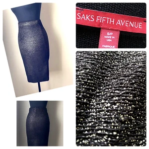 Saks Fifth Avenue Black Metallic Glitter Gold Skirt S Bodycon Pencil USA - Picture 1 of 13