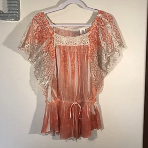 CANYON RIVER BLUES SZ M TOP ORANGE CREAM LACE SEMISHEER FLUTTER SLEEVES FEMININE - Picture 1 of 8