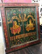 Antique Carved Jharokha Hand-Painted Red Green Rustic Indian Art Teak Window 