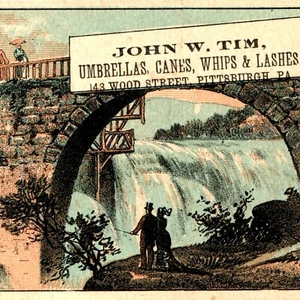 Tarjeta comercial John W. Tim C5 paraguas, bastones, látigos, pestañas de Pittsburgh, Pensilvania c1880s - Imagen 1 de 3