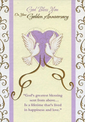 Tarjeta religiosa del 50 aniversario Two Doves corazón púrpura lámina dorada remolinos Foto 1 de 2