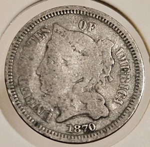 1870 Three Cent Piece Nickel 3c Antique United States of America III Coin 2 - Picture 1 of 2