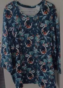 NWT Laura Scott Woman Cotton Top Shirt 3/4 Sleeve Teal Floral Sz 3X - Picture 1 of 1