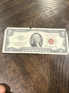 1963 Circulated Two Dollar Bill $2 Note Red Seal Old Paper Fancy A01384549A - Picture 1 of 8