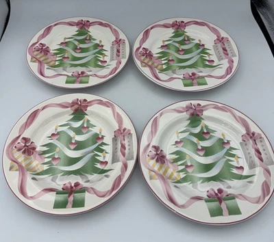 SANGO Set of 4 HOME FOR CHRISTMAS Pink Ribbon SALAD / DESSERT PLATES Holidays - Image 1 of 4