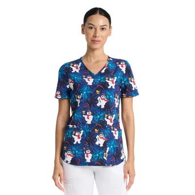 NWT Warner Bros. Frosty The Snowman Women's V-Neck Print 3 Pocket Scrub Top (S) - Image 1 of 4