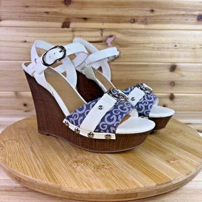 Sandalias G by Guess Mujer 7M Habana Blanco y Azul Madera Cuña Plataforma Tacones Foto 1 de 4