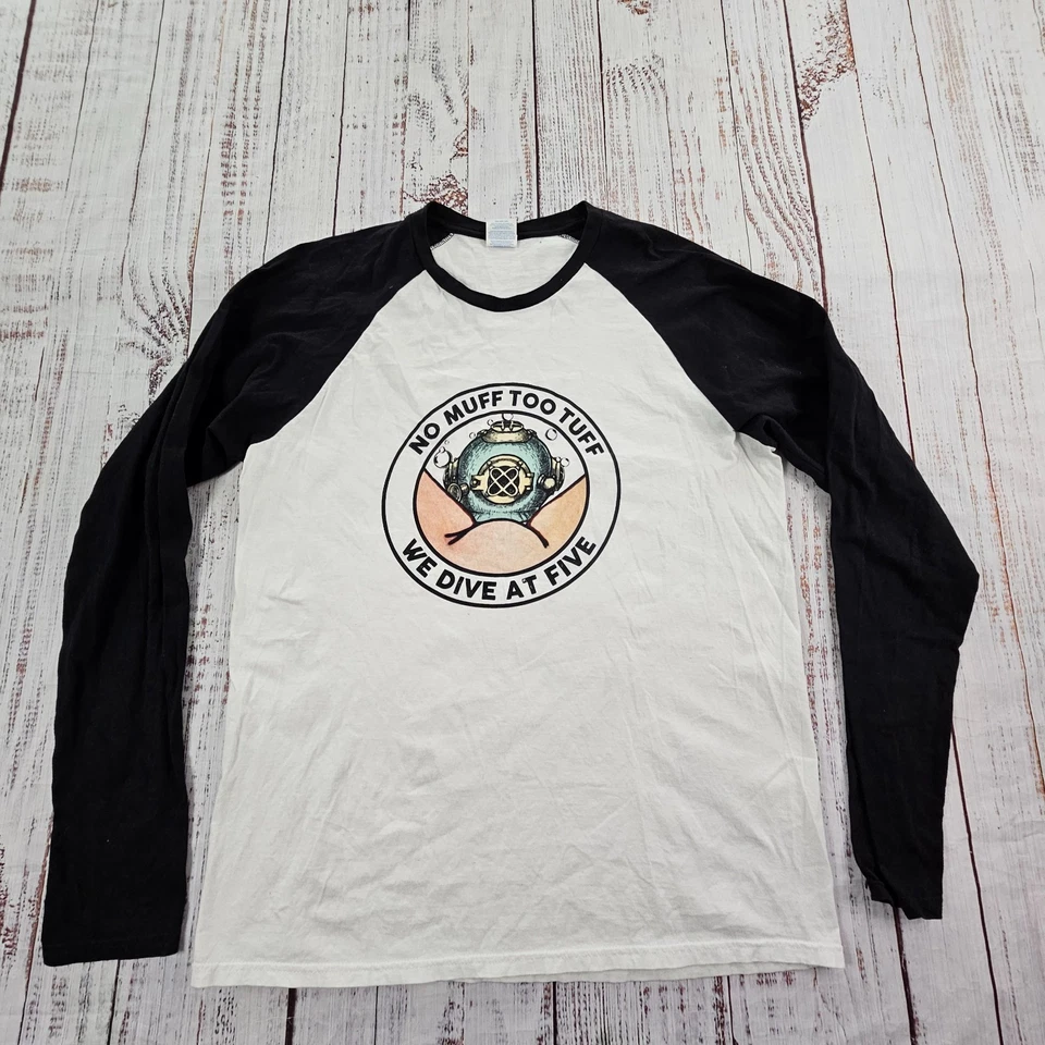 No Muff Too Tuff We Dive at Five White Long Sleeve Cotton T-Shirt Men's L - Image 1 of 4
