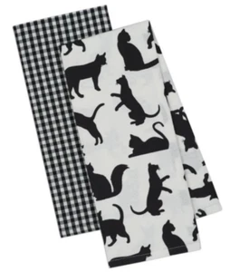 NWT DII Design Imports Black White Cat Print Kitchen Dish Hand Tea Towel Set - 2 - Picture 1 of 7