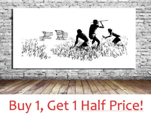BANKSY TROLLEY HUNTERS CANVAS B/W ART PRINT : Street Artwork *VARIOUS SIZES* - Picture 1 of 4