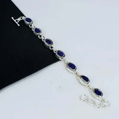 Bracciale In Argento Sterling 925 Con Gemma Di Zaffiro Blu Elettroformata - Immagine 1 di 4
