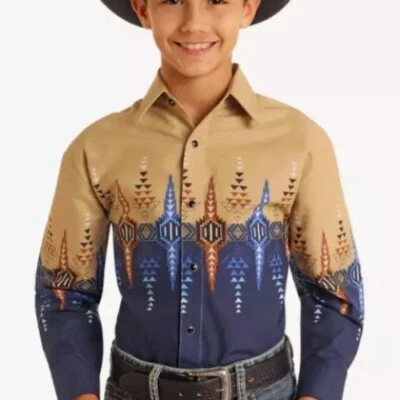 Panhandle Youth Boy's Long Sleeve Western Border Print Snap Shirt Navy/Khaki - Image 1 of 4