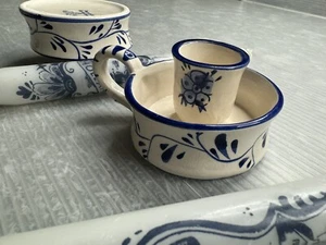 DELFTS BLUE COLOR hand painted FLORAL CERAMIC CANDLE HOLDER LOT/2 Holland Candle - Picture 1 of 14