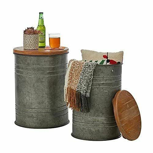 Glitzhome Rustic Galvanized Metal Storage Accent Table/Stool Set - Gray, Pack of 2